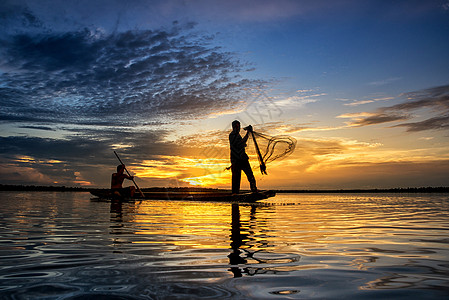 泰国木头波纹钓鱼日出旅行农民热带反射食物渔夫图片