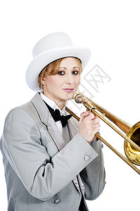 漂亮的年轻女子Trombone玩家图片