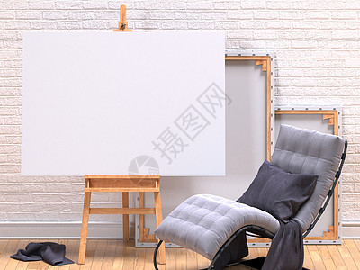 用灰色易动椅 斜板 地板和墙壁将帆布架装上图片