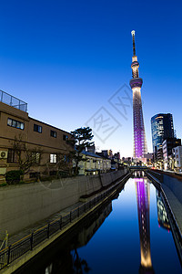 东京市池塘墨田摩天大楼晴空塔城市日落蓝色天际建筑图片