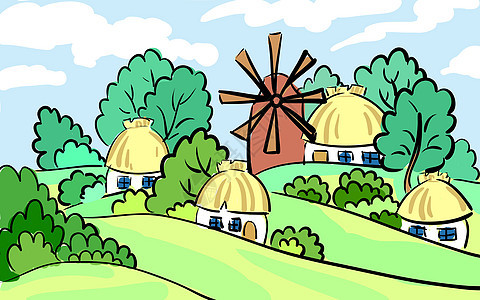 村里的夏季风景 在山上站着一个磨坊和房子 手画的 可以用作明信片图片