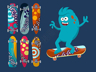 黑暗背景的一副明亮滑板 与一个快乐的蓝色怪物 矢量青少年滑冰乐趣男性轮子艺术吉祥物溜冰者漫画动物图片
