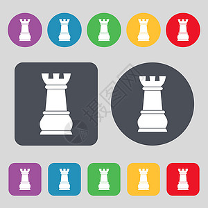 Chess Rook 图标符号 一组有12色按钮 平面设计 矢量图片