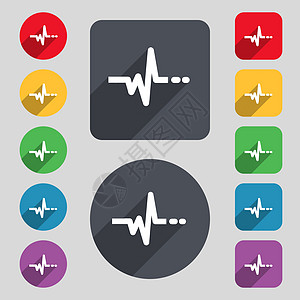 脉冲图标标志 一组 12 个彩色按钮和一个长长的阴影 平面设计 韦克托图片