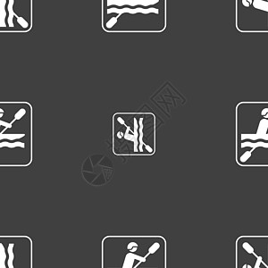 划独木舟的标志 灰色背景上的无缝模式 韦克托旅行冒险岩石头盔男人皮艇插图竞赛运动员潜水图片