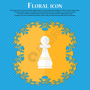 Chess Pawn 图标 Floral 平面设计在蓝色抽象背景上 并有文本的位置 矢量图片