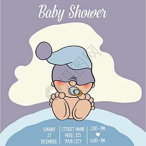 男婴淋浴卡与有趣的小宝宝帽子隐藏微笑童年淋浴喜悦头巾邀请函生日男生背景图片