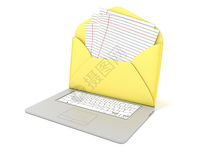 在笔记本电脑上打开信封和空白横格纸 侧面图  3个软件送货互联网垃圾邮件电子邮件办公室插图邮件文档笔记图片