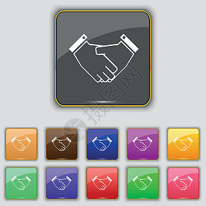 握手图标符号 设置为网站的11个彩色按钮 矢量图片
