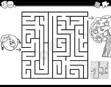 迷宫任务着色嘘绘画小路乐趣幼儿园黑与白苹果树入口卡通片填色本游戏图片