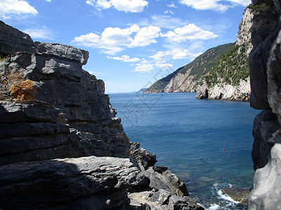 波托韦内尔岛周围海岸和海面阴影乐趣游泳天际海湾灌木丛树叶地平线岩石太阳图片