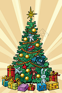 带礼物的圣诞树插图漫画绿色艺术新年卡通片童年花环装饰房子图片