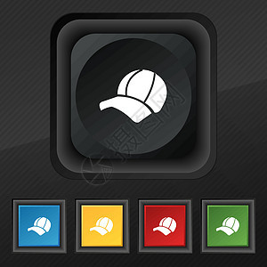 球帽图标符号 为您的设计设置黑色纹理上的五个彩色时尚按钮 韦克托图片