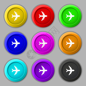 平面图标标志 九个圆形彩色按钮上的符号 韦克托速度车辆航班货物航空公司空气飞行员翅膀飞机团体图片