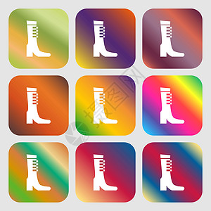 女性秋季和冬季鞋靴图标标志 九个带有明亮渐变的按钮 设计精美 韦克托图片