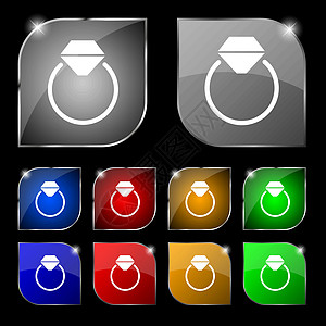 钻石订婚戒指图标标志 套与强光的十个五颜六色的按钮 韦克托图片