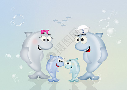 海豚的家族夫妻插图爸爸妈妈海洋哺乳动物家庭水手明信片水手帽图片