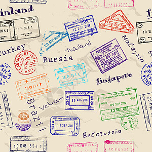 无缝纹理与真正的签证邮票飞机场穿越海关安全外国人异国收藏插图旅行假期图片