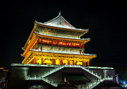 Xian 鼓塔建筑城市寺庙照明日落文化天空红色旅行建筑学图片