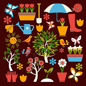 设置园艺和春季相关项目的图标花园太阳叶子插图电脑手套弹簧蝴蝶体力劳动者昆虫图片