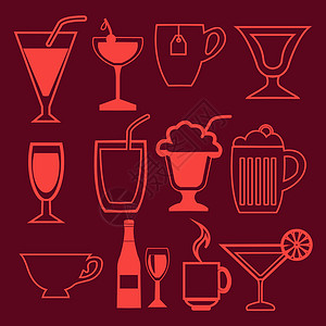 酒吧和饮料图标设置在线性样式中图片