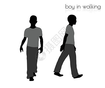 男孩在白色背景下行走姿势口号男性插图阴影黑色剪影喧嚣流浪汉孩子远足图片