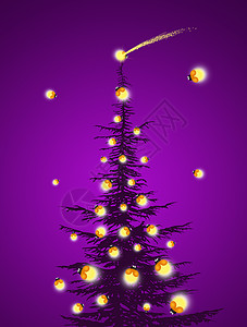 圣诞节夜景圣诞树上有萤火虫卡通片明信片昆虫动物微笑新年问候庆典插图灯泡背景