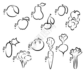 水果和蔬菜的图标橙子果汁浆果植物收藏艺术龙头李子芹菜黄瓜图片