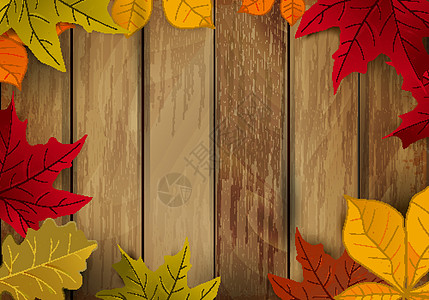 木质背景的黄色秋叶框 设计ele图片