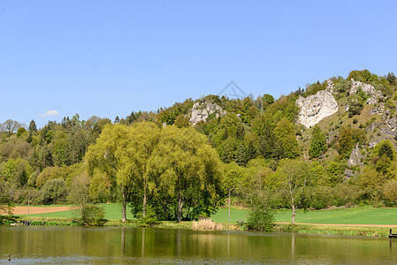 带湖泊的巴伐利亚景观岩石小路营养树木公园天空农村自然旅游草地图片
