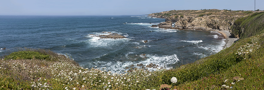 Alentejo海岸线上的岩层海洋海岸海景岩石编队波浪全景喷泉天空植被图片