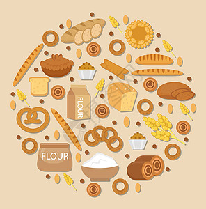 面包制品图标 以白色背景上隔开的不同面包和糕点的圆形 平板样式 设置 Flour 矢量图示收藏贴纸粮食插图烘烤早餐饼干小麦食物面图片