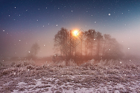 圣诞之夜 在河边的雪落场景草地薄雾木头场地星星降雪森林季节月光月亮图片
