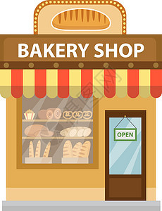 面包店 烘焙店建筑图标 面包平面样式 展示街上的商店 矢量图图片
