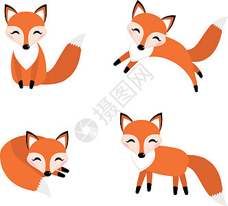 可爱的狐狸设置平面样式 Foxy 摆出不同的姿势 有睡觉的 有跳跃的 有坐着的 字符 吉祥人 矢量图图片