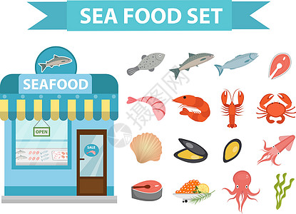海鲜图标设置矢量 平面样式 孤立在白色背景上的海鲜集合 鱼产品插图 设计元素 商店建筑 陈列柜图片