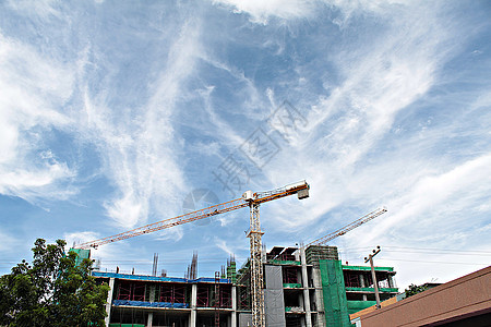 建筑工地 有起重机和以天空为背景的建筑水泥工业建筑学职场摩天大楼商业技术生长蓝色脚手架图片