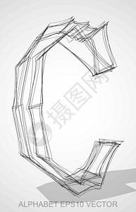 墨水素描 C的矢量插图 手画3DC字体草图坡度金属艺术收藏白色黑色阴影字母图片