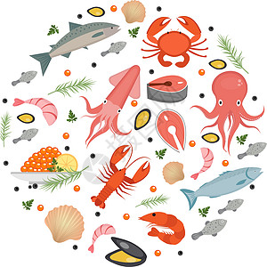 在圆形 shapeflat 样式中设置的海鲜图标 孤立在白色背景上的海鲜集合 鱼产品海洋膳食设计元素 矢量图图片