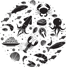 海鲜图标设置在圆形剪影 孤立在白色背景上的海鲜集合 鱼产品海洋膳食设计元素 矢量图图片