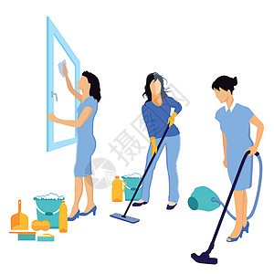 清洁和清扫房屋管家家庭扫帚垃圾箱主妇卫生公寓建筑清洁工房子图片