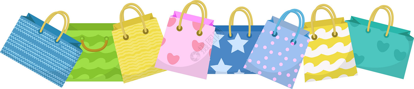 可爱的购物袋横幅 五颜六色的购物袋与不同的设计板 带文本空间的纸袋 礼包 矢量插图图片