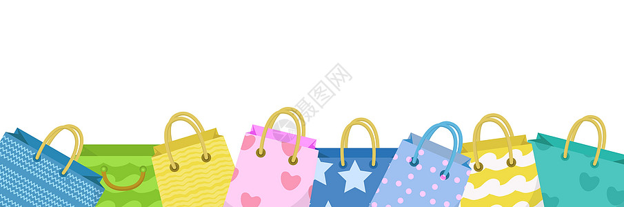 可爱的购物袋横幅 与不同的设计板的五颜六色的袋子 文本的纸张空间 礼包 它制作图案矢量图片