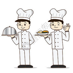 卡通厨师厨师角色拿着食物并提供美味的 c图片
