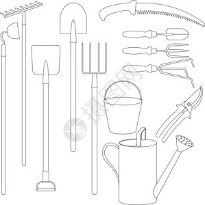 用于在花园中工作的整套手工工具的矢量工具图片