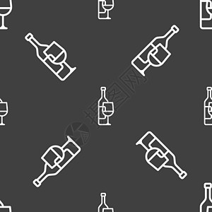 白色酒瓶酒瓶和酒杯图标标志 灰色背景上的无缝模式 韦克托食物纪念日酒吧玻璃饮料藤蔓庆典酒精菜单玫瑰插画