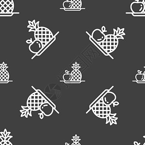 水果设置与菠萝苹果图标标志 灰色背景上的无缝模式 韦克托收藏榴莲浆果水彩柠檬艺术山竹插图香蕉石榴图片