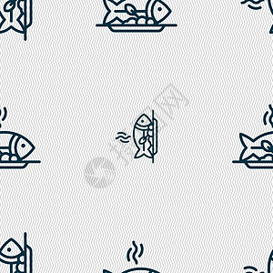 热鱼烧烤图标标志 具有几何纹理的无缝模式 韦克托小吃炙烤菜单徽章午餐卡通片饮食海鲜营养插图图片