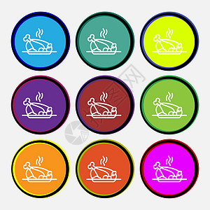 Grill 鸡肉 肉类 烧烤 香料图标标志 九个多色圆环按钮 矢量图片