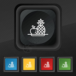 水果设置与菠萝苹果图标符号 为您的设计设置黑色纹理上的五个彩色时尚按钮 韦克托图片